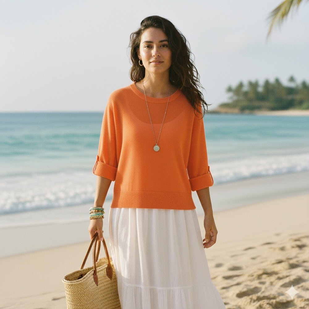 Banana Republic Beachy Resort Boho Linen Blend Knit Sweater Sz L Orange Roll-Tab